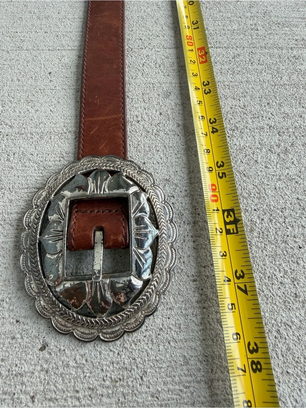 Fossil Brown Leather Belt Silver Western Concho Buckle Size M 37.5”